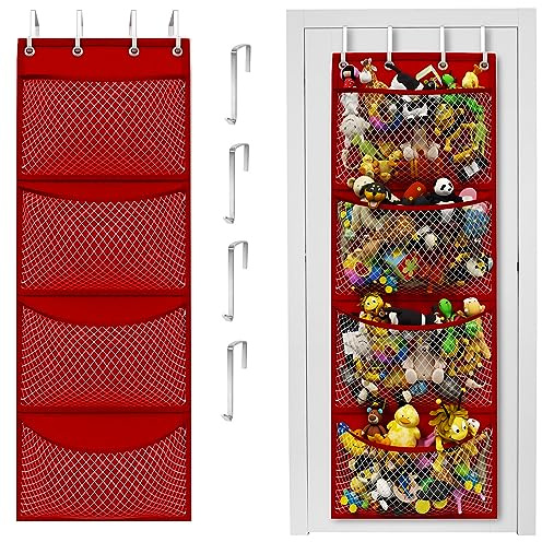 Honeyera Over Door Organizer for Stuffies, Baby Accessories, and Toy Plush Storage - Easy Installation with Breathable Hanging Storage Pockets (SuperHero Red)