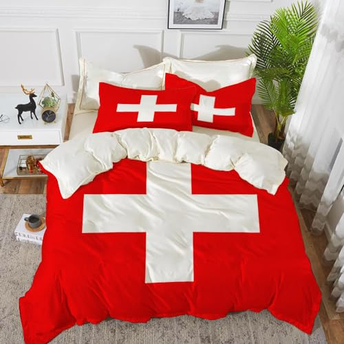 Bettwäsche 3 Teilig Bettgarnitur,Schweizer Flagge der Schweiz Genaue Abmessungen Proportionen und Farben Kreuz,Mikrofaser Bettbezug Set 1 Bettbezug Set 220 x 240 cm + 2 Kissenbezug 50x80 cm