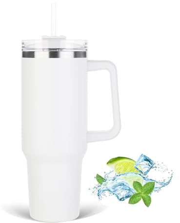 JFABL 40 oz Tumbler with Handle and Straw Lid, Stainless Steel Vacuum Insulated Travel Coffee Mug Cup, Double Wall Metal Water Bottle Keeps Maintains Cold Heat and Ice for Hours,1182ml (White)