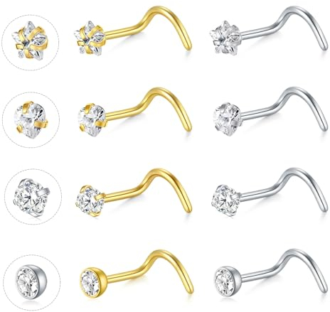 NIUSIMAN 8 pièce piercing nez connecteur or argent 20G Corkscrew piercing nez acier chirurgical bar avec coeur étoile cubique zirconium piercing nez anneau fin petits minces pour femmes hommes