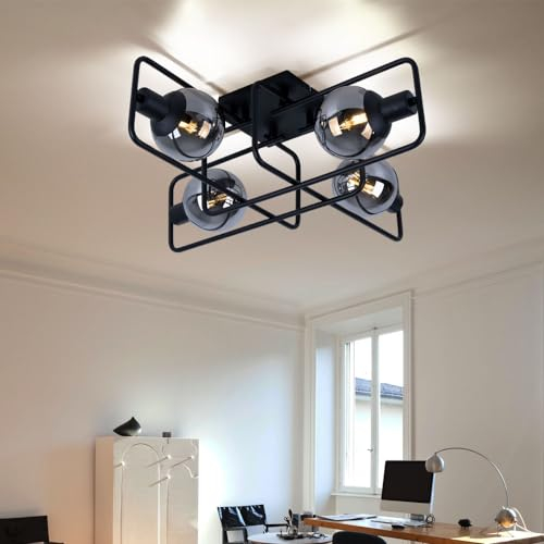 GLOBO Deckenleuchte schwarz Industriell Deckenlampe Retro rauchfarben Wohnzimmerleuchte Glas Kugeln, Metall, 4 Flammig E14, LxBxH 61x61x20 cm