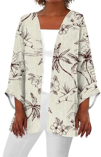 ODJOY-FAN Women Cardigan Floral Printed Plus Size Dressy Casual Cardigan Lightweight Three Quarter Sleeve Summer Tops Dressy Cardigan Sweaters for Women Denim Dress Jacket（XL,4-Khaki）