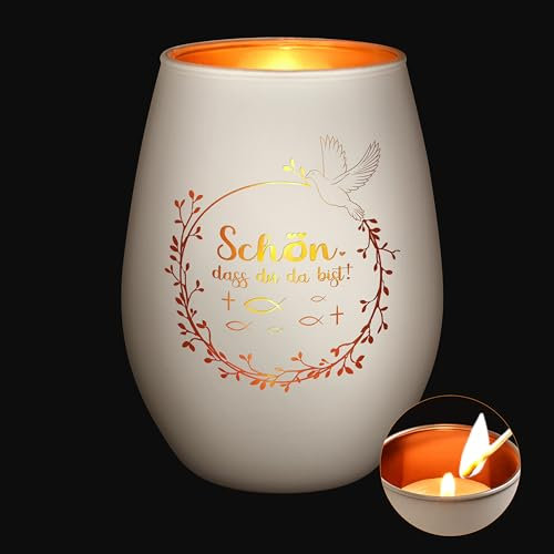 Joymaking Windlicht Tischdeko Schön DASS Du Da Bist, Windlicht mit Gravur Teelichthalter Kommunion Glas Taufe Konfirmation Junge Mädchen Erstkommunion für Teelichter und Kerzen