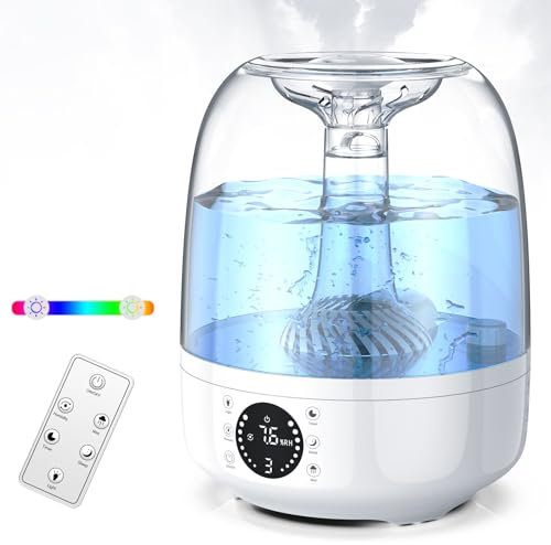 Humidificateur d'air de 4L à remplissage par le haut pour la chambre à coucher, 28dB humidificateur de 35H avec buse rotative à 360°, télécommande, minuteur, veilleuse LED RGB pour chambre d'enfant