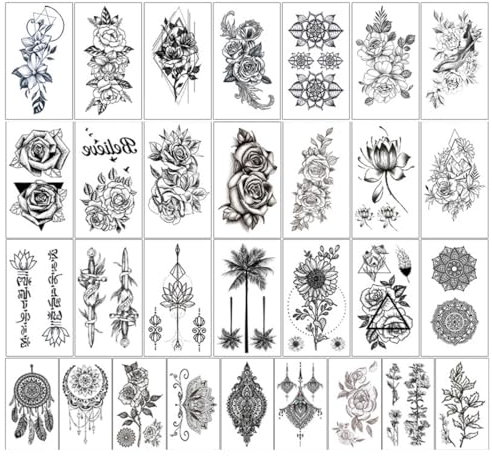 Temporäre Tattoos Blumen, 30 Blätter Groß Schwarz Temporäre Tattoos, Klebetattoos Erwachsene, 3D Wasserdicht Tattoo, Halloween Fake Tattoo Zum Aufkleben Damen Männer, Schwarz