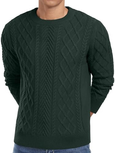 QIXING Men's Jumpers Fisherman Textured Cable Knit Crew Neck Jumper for Men UK Casual Long Sleeve Sweaters Soft Knitted Pullover Tops with Ribbed Edge(Dark Green, L)