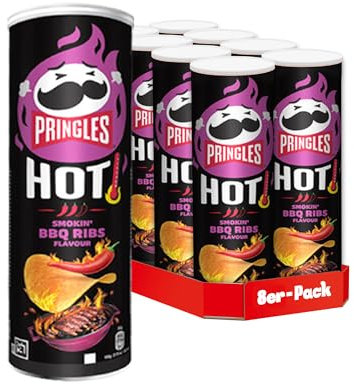 Pringles HOT Smokin' BBQ Ribs Flavour (8 x 160 g) – der unwiderstehliche Snack-Klassiker in der praktischen Dose – scharfe Chips mit BBQ-Geschmack – Pop. Play. Eat.