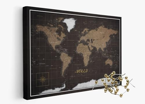 framed concept | Weltkarte mit Pinnnadeln | Handgefertigte Wanddekoration mit 50 goldenen Pins | Einzigartige Geschenkidee