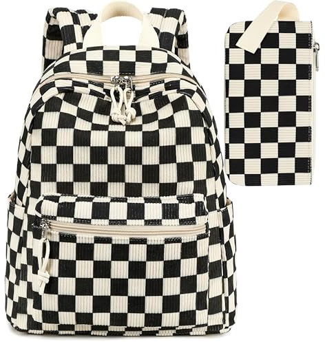 LEDAOU Mini-Rucksack-Set, modische Büchertaschen mit Geldbörse, Rucksack, Geldbörse, Set für Damen, Teenager, Schule, Reisetasche, Schwarz/Weiß kariert, 2 Stück + Geldbörse