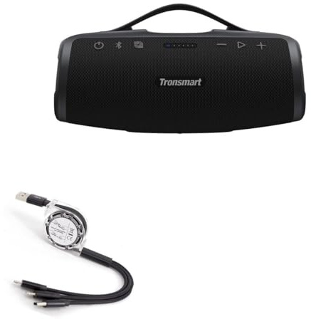 BoxWave Cable Compatible with Tronsmart Mirtune S100 Portable Outdoor Speaker - AllCharge miniSync, Retractable, Portable USB Cable - Jet Black