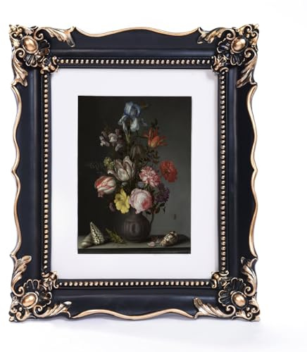 Maison Des Cadeaux Vintage 8x10 Picture Frame with Embossed Flower Design, Ornate Black Resin Photo Frame, 8x10 or 5x7 Inch Photos, Tabletop or Wall Hanging