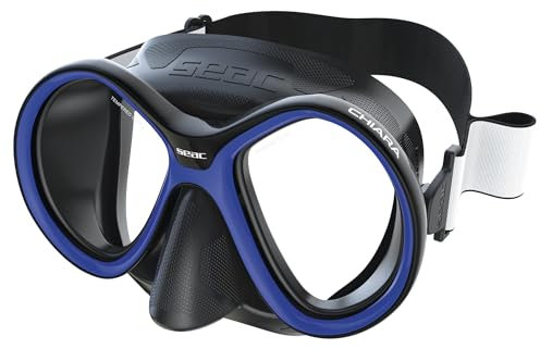 SEAC Chiara, Zweiglasmaske aus gehärtetem Glas zum Tauchen und Schnorcheln mit 3D-Schnalle, mit Maskenband aus Stoff oder Silikon