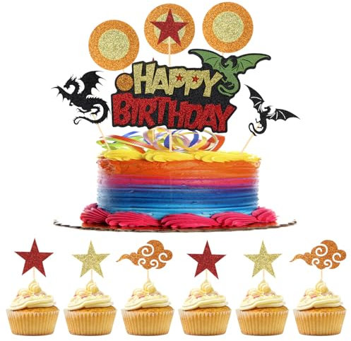 1pc Cartoon Happy Birthday Cake Topper + 12pcs Cupcake Toppers, Glitter Cake Topper Decorations Dragon Stars Circle Anime Cartoon Cupcake Picks for Themed Birthday Party Supplies Boys Girls