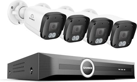 SANNCE Système de Caméras de Surveillance 5MP POE, NVR 4K 8CH avec Détection des Humains/Véhicules, 4 Caméras Extérieures IP67, Accès à Distance, sans Disque Dur