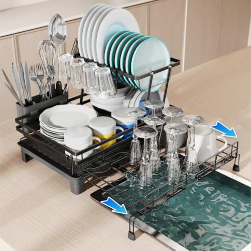 iHomara Escurreplatos extensible de acero inoxidable – Escurreplatos de 2 niveles de gran capacidad, caño giratorio, inoxidable y ahorra espacio para encimera de cocina