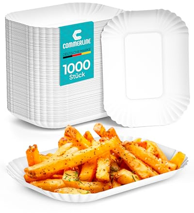 Commerline 1000 pièces de gobelets à frites en carton (17,5 x 13 x 3 cm) KU41 – Gobelets en papier pour frites et saucisses carrées, résistants et écologiques pour les fêtes et la restauration