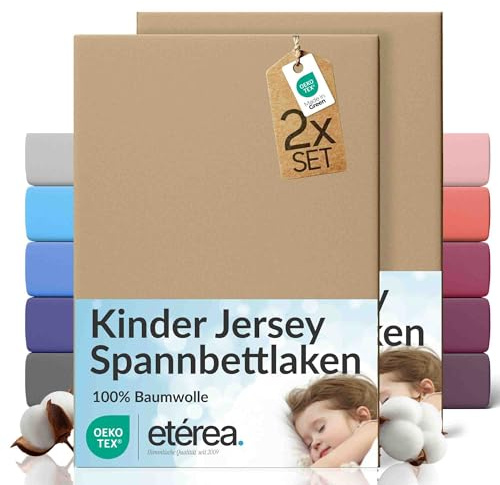 etérea Jersey 2er Set Spannbettlaken 80x160cm - 80x180cm Taupe bis 20 cm Höhe - 100% Baumwolle Spannbetttuch Oekotex - Kinder Doppelpack Bettlaken 80x160 cm - 80x180 cm - Braun