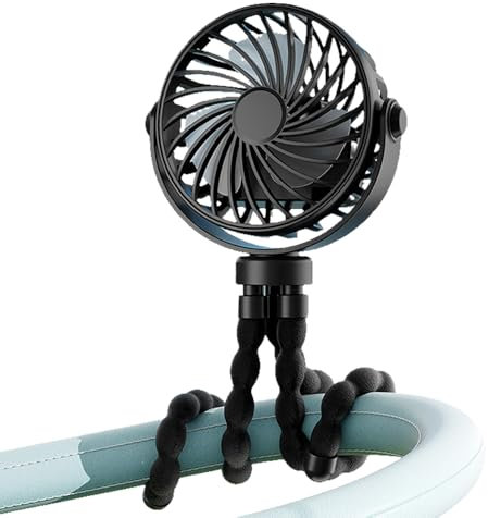 Pram Fan Clip on Stroller, USB Rechargeable Portable Clip on Fan with 3 Speeds & Night Light, 360° Battery Mini Stroller Fans for Pram, Buggy, Pushchair, Car, Bike, Camping & Travel (Black)