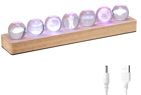 BUTORY 7pcs Sonnensystem Planet Kristallkugell Licht für Raumplaneten Kristalldekoration LED Nachtlicht mit Holzbasis für Festival Geschenk(B)
