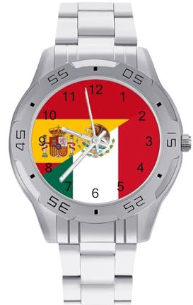 Reloj de pulsera de acero inoxidable para hombre, diseño de bandera de España y México, fácil de leer, para mujer