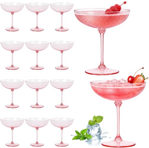 LemonRoad 12 Pcs Plastic Coupe Glasses, 9 oz, Detachable Stem, Pink | Disposable Martini Glasses Bulk, Cocktail Cups, Champagne Desserts, Espresso Drinks, Fall Weddings, Birthday Party, Home Bars