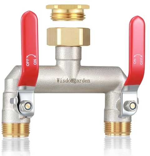 Wasserverteiler 2fach, Durchflussstarker 2 Wege Verteiler Wasser, Vernickelt Messing Wasserhahn Verteiler, Garten Verteiler 2 Wege mit Rot Verlängerungsgriffen,1-Zoll-Anschluss mit 3/4-Zoll-Adapter
