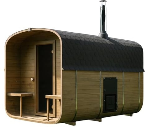 Gardj Fasssauna Garten Outdoor Sauna aus nordischer Fichte – Verschiedene Größen (2–6 Personen) – Wahlweise mit Holz- oder Elektroofen – Inkl. Zubehörset (340 cm, Quadratische, Holzofen)