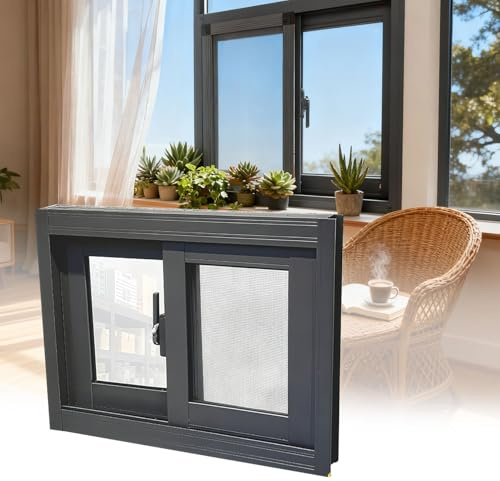 yurstcggh Horizontal Sliding Shed Window Replacement Basement Shed Windows with Glass & Screen, Slider Windows Casement for Chicken Coop 90×45cm Dark Gray