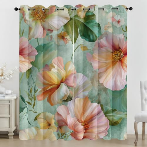 Generisch Rosa Orange Blume Vorhänge Aquarell Vorhang Blickdicht, Gardinen mit Ösen 2er Set, Thermovorhang für Wohnzimmer Schlafzimmer Fenster Deko H 245 x B 140 cm K20p