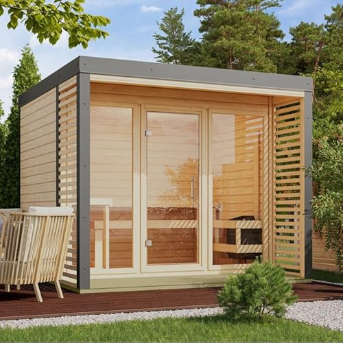 Karibu Sauna Extérieur Ares 3 | 6-8 Places en Épicéa Nordique avec Terrasse | Poêle 9kW et Protection Incluse | Anthracite | Parois 38mm | Dimensions 276x276cm