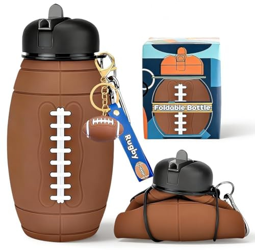GVMJHYK Bouteille d'eau en Silicone pour le Rugby, Gourde Pliable sans BPA avec Porte-clés Trophée de Rugby, Bouteille pour Enfants et Adultes, Blanc Noir Gourde 550 ml