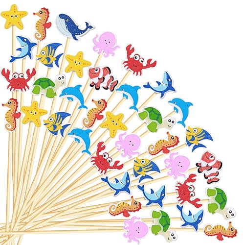 100 Palillos para Aperitivos con Animales Marinos, Pinchos para Aperitivos Hawai, Palillos de Cóctel de Madera, Decoraciones Cócteles Graciosos, Decoración de Fiestas para Fruta, Postres (Farbe-H)