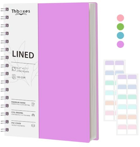 Thboxes A5 Notebook, Wirebound Spiral Notebooks 200 Pages, 100gsm Lined Paper PVC Waterproof Cover Notepad with 24 Labels for Women Men Work Office School, 14.5 x 21cm - Purple