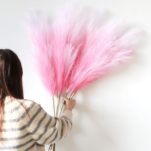 YiYa Pampasgras Kunstblumen Deko 6 Stück 113CM Künstliches Pampasgras Pampasgras Groß Trockenblumen Strauß für Büro Dekor Wohnzimmer Hochzeit Schlafzimmer (Farbverlauf Rosa)
