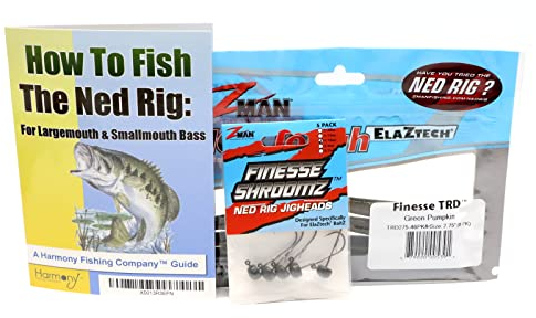 Harmony Fishing Company Ned Rig Kit – Z-Man Finesse T.R.D. 8 Stück + Finesse Shroomz Jigköpfe (grüner Kürbis) + How to Fish The Ned Rig Guide)
