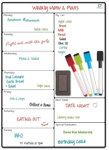 Magnetic Whiteboard Planner for The Fridge by DF Creations - Weekly Meal Planner Calendar and Shopping List - Family Planner - A3 White Board - Dry Wipe Memo - 4 Dry Erase Markers and a Large Eraser