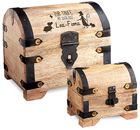 Casa Vivente Set zur Taufe, Geldschatztruhe mit Gravur, Motiv Hirte, Personalisiert mit Namen und Datum, Kleines Schmuckkästchen, Für Geldgeschenke