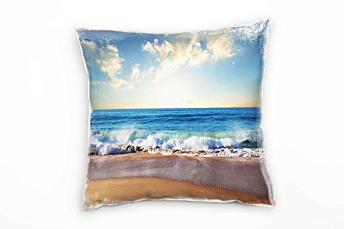 Paul Sinus Art Strand und Meer, braun, blau, Sonnenuntergang Deko Kissen 40x40cm für Couch Sofa Lounge Zierkissen - Dekoration zum Wohlfühlen