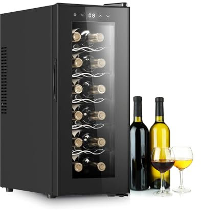 Wintem Cantinetta Frigo Silenziosa per Vini 12 Bottiglie 65W - Mini Frigo Bar per Vini e Bevande con Display LED - Temperatura Regolabile 12-18°C, Auto Defrost - Cantinetta Vino Nera da 35L