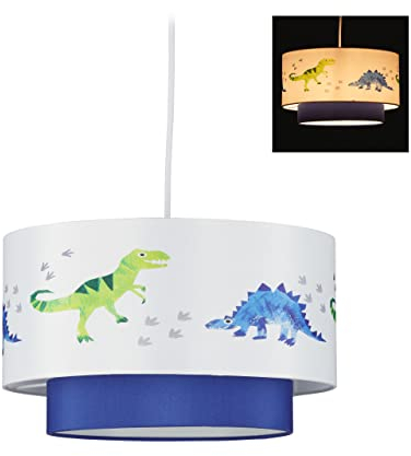 Relaxdays Dino Hängelampe, runder Lampenschirm mit Dinosaurier-Motiv, für Kinder- & Babyzimmer, HxD 126x30 cm, weiß-blau