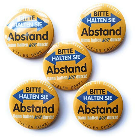 Kilala Button Anstecker Set Bitte Abstand halten! 59mm mit Nadel-Verschluss an der Rückseite (5er Set)