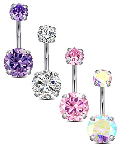 vcmart 4er Bauchnabelpiercing Chirurgenstahl 6/8/10/12mm 14G Piercing Bauchnabel Zirkonia Silber Rosa Lila