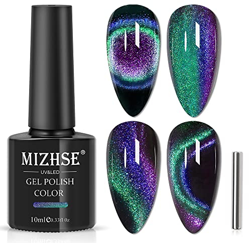 MIZHSE Glitter Cat Eye 9D Nail Polish With Magnetic Stick - Soak-Off UV LED Gel - Discoloration Green Black Manicure DIY - 10ml