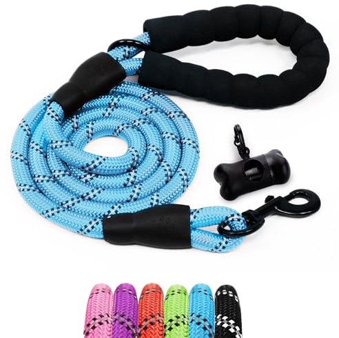 FurDreams 1,5 m starkes Hundeleinenseil mit weich gepolstertem Griff und stark reflektierenden Fäden – Blau | Seil Hundeleine für große Hunde, mittelgroße Hunde und kleine Hunde | inklusive gratis Kotbeutelspender