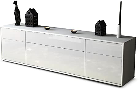 Stil.Zeit Lowboard Bryson, Korpus Weiss matt, Front Hochglanz-Design Weiß (180x49x35cm) Push-to-Open Technik & Leichtlaufschienen