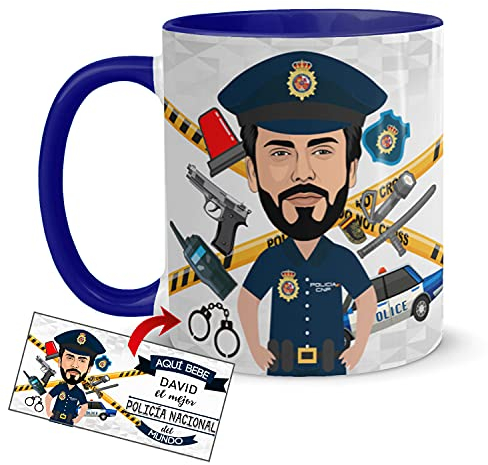 Kembilove Tazas Desayuno con Caricaturas Personalizadas y Nombre – Tazas de café Personalizadas Aquí bebe el Mejor Policía Nacional del Mundo – Regalos originales Profesiones
