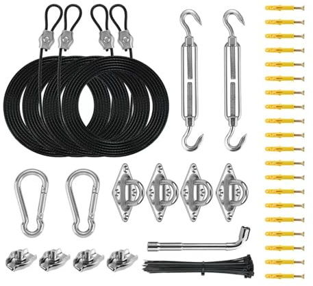 Sonnensegel-Installationssets, Sonnensegel-Hardware-Kit mit 4 x 3 m Langen Verlängerungs-Nylon-Drahtseil, Schatten, Markisenset für Dreieck, rechteckig, 304 Edelstahl, Terrasse Outdoor