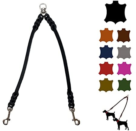 Hundeleine Doppelleine für 2 Hunde/Koppelleine Fettleder/Verbindungsleine Kleine und Große Hunde (55cm Breite: 12mm, Schwarz)