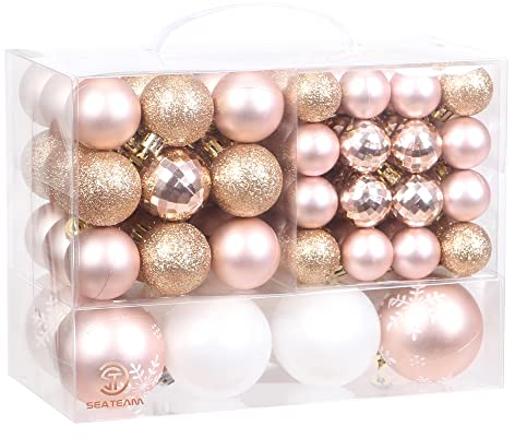 Sea Team Lot de 99 Boules de Noël Assorties incassables saisonnières décoratives à Suspendre avec Emballage Cadeau réutilisable pour décorations de Sapin de Noël, Or Rose