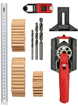 kwb - Juego de calibrador y ayuda para tacos, 153 piezas, con 50 tacos, 1 broca de 6, 8, 10 mm, regla de 30 cm, orificios de 3-12 mm, dimensiones de orificio central, perforación recta en madera, metal, etc.